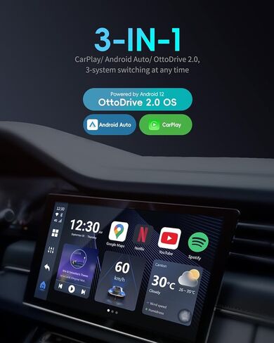 OTTOCAST P3 Lite CarPlay AI Box - 2024 Android 12.0 CarPlay Video Adapter Wireless CarPlay Android Auto Dongle 6+64G, OttoDrive 2.0 User UI, Support Slipt Screen Streaming Videos to Your Car in Saudi Arabia