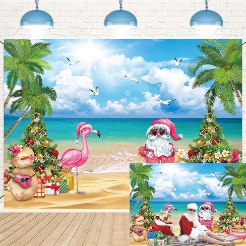 July Christmas Backdrop Tropical Flamingo Palm Tree Hawaiian Photography Background 7×5FT Summer Beach Santa Claus Party Decoration Supplies Photo Props in Saudi Arabia