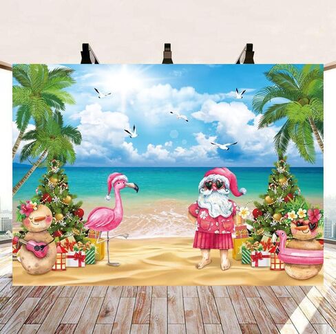 July Christmas Backdrop Tropical Flamingo Palm Tree Hawaiian Photography Background 7×5FT Summer Beach Santa Claus Party Decoration Supplies Photo Props in Saudi Arabia