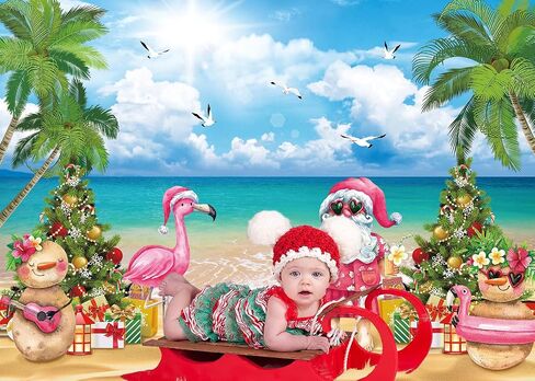 July Christmas Backdrop Tropical Flamingo Palm Tree Hawaiian Photography Background 7×5FT Summer Beach Santa Claus Party Decoration Supplies Photo Props in Saudi Arabia
