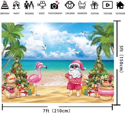 July Christmas Backdrop Tropical Flamingo Palm Tree Hawaiian Photography Background 7×5FT Summer Beach Santa Claus Party Decoration Supplies Photo Props in Saudi Arabia