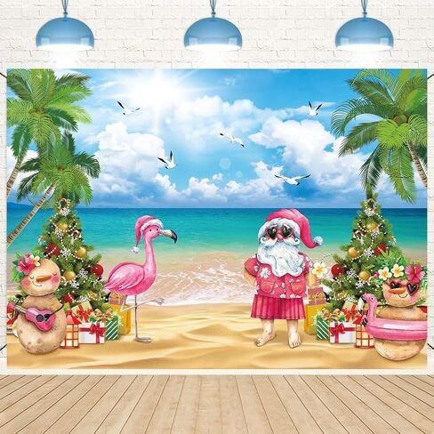 July Christmas Backdrop Tropical Flamingo Palm Tree Hawaiian Photography Background 7×5FT Summer Beach Santa Claus Party Decoration Supplies Photo Props in Saudi Arabia