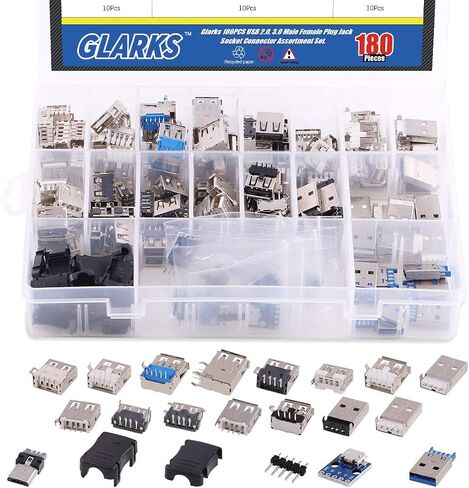 Glarks 180 قطعة مآخذ صغيرة USB 2.0 3.0 نوع A ذكر أنثى موصل قابس جاك لحام USB إصلاح استبدال محول مجموعة متنوعة in Saudi Arabia
