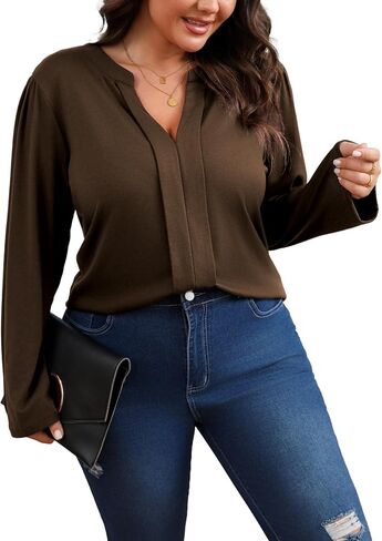 Women's Plus Size Tops V Neck Pleated Front Shirts Trendy Casual Business Tunic Long Sleeves Fall Blouse in Kuwait