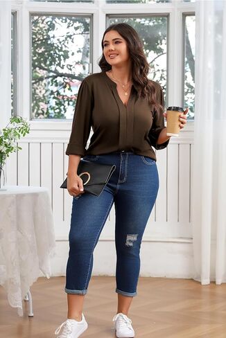 Women's Plus Size Tops V Neck Pleated Front Shirts Trendy Casual Business Tunic Long Sleeves Fall Blouse in Kuwait