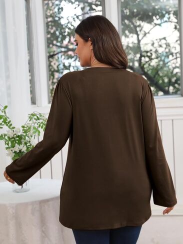 Women's Plus Size Tops V Neck Pleated Front Shirts Trendy Casual Business Tunic Long Sleeves Fall Blouse in Kuwait