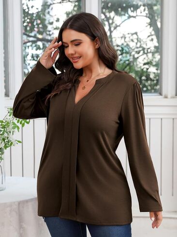 Women's Plus Size Tops V Neck Pleated Front Shirts Trendy Casual Business Tunic Long Sleeves Fall Blouse in Kuwait