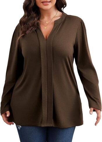 Women's Plus Size Tops V Neck Pleated Front Shirts Trendy Casual Business Tunic Long Sleeves Fall Blouse in Kuwait