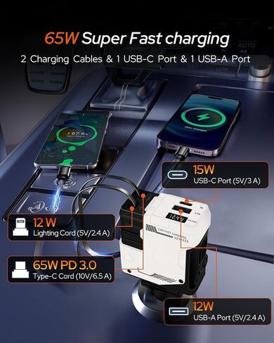 محول شاحن سيارة قابل للسحب 4 في 1، شاحن سيارة USB c بقوة 66 وات لهواتف iPhone، وكابلان قابلان للسحب (31.5 بوصة) وشاحن هاتف بمنفذي USB للسيارة لهواتف iPhone، وAndroid، وGalaxy، وPixel، وiPad (أسود) in Saudi Arabia