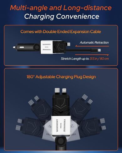 محول شاحن سيارة قابل للسحب 4 في 1، شاحن سيارة USB c بقوة 66 وات لهواتف iPhone، وكابلان قابلان للسحب (31.5 بوصة) وشاحن هاتف بمنفذي USB للسيارة لهواتف iPhone، وAndroid، وGalaxy، وPixel، وiPad (أسود) in Saudi Arabia