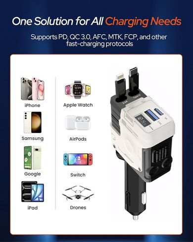 محول شاحن سيارة قابل للسحب 4 في 1، شاحن سيارة USB c بقوة 66 وات لهواتف iPhone، وكابلان قابلان للسحب (31.5 بوصة) وشاحن هاتف بمنفذي USB للسيارة لهواتف iPhone، وAndroid، وGalaxy، وPixel، وiPad (أسود) in Saudi Arabia