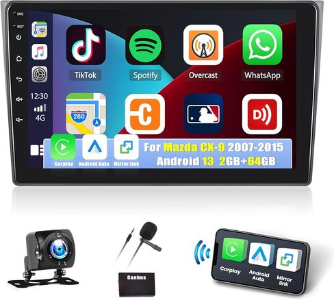 2G + 64G Android 13 ستيريو سيارة لمازدا CX-9 2007-2015 CarPlay Android Auto Mirror Link GPS Navigation 9 بوصة HD شاشة لمس بلوتوث راديو السيارة EQ FM/WiFi+كاميرا احتياطية ميكروفون in Kuwait