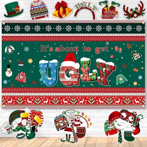 It's About to Get Ugly Banner, Ugly Sweater Party Decorations Set 1 Pcs Photography Backdrop + 28 Pcs Photo Booth Props, ChristmasUgly Sweater Party Backdrop for Photo Xmas Winter Party Banner in Saudi Arabia