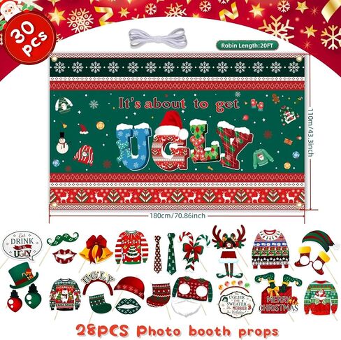 It's About to Get Ugly Banner, Ugly Sweater Party Decorations Set 1 Pcs Photography Backdrop + 28 Pcs Photo Booth Props, ChristmasUgly Sweater Party Backdrop for Photo Xmas Winter Party Banner in Saudi Arabia