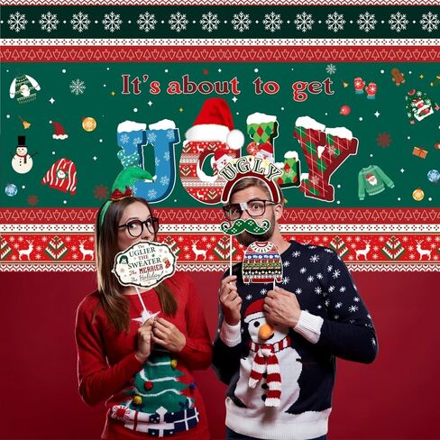 It's About to Get Ugly Banner, Ugly Sweater Party Decorations Set 1 Pcs Photography Backdrop + 28 Pcs Photo Booth Props, ChristmasUgly Sweater Party Backdrop for Photo Xmas Winter Party Banner in Saudi Arabia