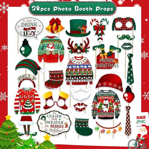It's About to Get Ugly Banner, Ugly Sweater Party Decorations Set 1 Pcs Photography Backdrop + 28 Pcs Photo Booth Props, ChristmasUgly Sweater Party Backdrop for Photo Xmas Winter Party Banner in Saudi Arabia