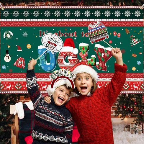 It's About to Get Ugly Banner, Ugly Sweater Party Decorations Set 1 Pcs Photography Backdrop + 28 Pcs Photo Booth Props, ChristmasUgly Sweater Party Backdrop for Photo Xmas Winter Party Banner in Saudi Arabia