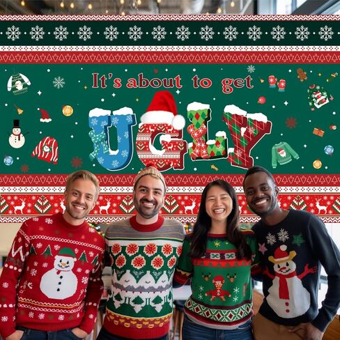 It's About to Get Ugly Banner, Ugly Sweater Party Decorations Set 1 Pcs Photography Backdrop + 28 Pcs Photo Booth Props, ChristmasUgly Sweater Party Backdrop for Photo Xmas Winter Party Banner in Saudi Arabia