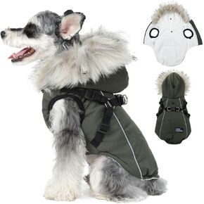 PINA Dog Winter Coat, Dog Winter Jacket with Waterproof Fabric, Warm Dog Coat with Faux Fur Hood, Dog Winter Vest with Reflective Strap for Small Medium Large Dogs, Red, S