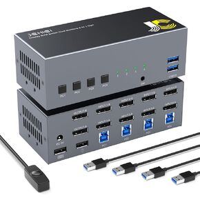 Displayport KVM Switch Dual Monitor 8K@60Hz USB 3.0 DP 1.4 KVM Switch for 4 Computers Share 2 Monitors and 4 USB Devices Support Extended & Copy Mode