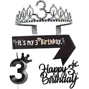 3rd Birthday Decorations for Girl, Including 3rd Birthday Crown/Tiara, Sash, Happy Birthday Cake Toppers and Number 3 Candles, Pink Birthday Party Supplies 3 Year Old Girl Birthday Gift Ideas