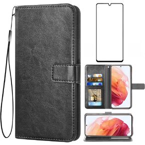 Asuwish Compatible with Samsung Galaxy S21 Plus Glaxay S21+ 5G Wallet Case Tempered Glass Screen Protector Leather Flip Cover Card Holder Phone Cases for Gaxaly S21+5G S21plus 21S + S 21 21+ G5 Black