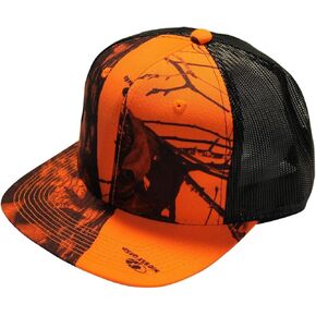 Mossy Oak Blaze Orange Camo Flat Trucker Cap Hat Mesh High Crown Snapback Wicking Sweatband Bendable Bill Wear Flat or Curved Brim Visor