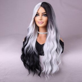 MAGQOO Matcha Green Wigs for Long Curly Wavy Green Wig with Bangs Dark Roots Synthetic Heat Resistant Cosplay Costume Wig Cap Included