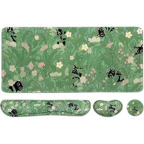 Large Mouse Pad Set, Cute Extended Mouse Pad+Keyboard Wrist Rest Support Desk Pad Memory Foam Ergonomic Easy Typing, 35.4×15.7 in Desk Mat Set for Home Office Study Game - CAT