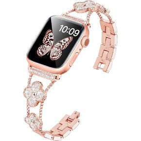 wipalor 4-leaf Clover Band Fit Bling Apple Watch Bands 42mm 41mm 40mm 38mm for Women, Thin Metal iWatch Bands Dressy Sparkly Diamonds Bands for iPhone Watch Bands Series 10 9 SE 8 7 6 5 4 3 Rose Gold