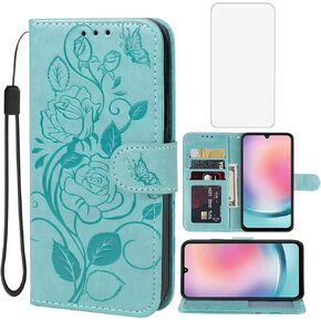 Case for Galaxy A24 5G Case, Samsung A24 5G Wallet Case with Tempered Glass Screen Protector, Flower Leather Flip Credit Card Holder Stand Phone Cover Cases for Samsung Galaxy A24 5G Green