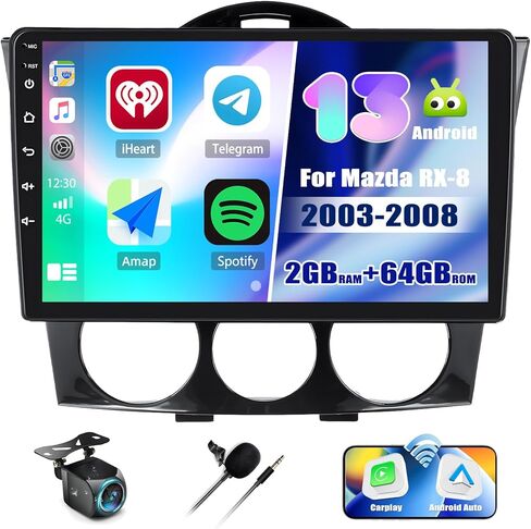 2+64G Android 13 ستيريو سيارة لمازدا RX-8 2003-2008 مع CarPlay Android Auto، شاشة لمس 9 بوصة في لوحة القيادة وراديو GPS مع وصلة واي فاي مرآة بلوتوث FM RDS EQ SWC كاميرا احتياطية in Kuwait