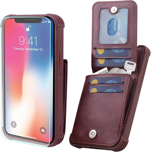 VANAVAGY Compatible for iPhone Xs/iPhone X Wallet Case for Women and Men,Leather Magnetic Clasp Flip Folio Phone Cover with Credit Card Holder and Coin Pocket,Burgundy in Kuwait