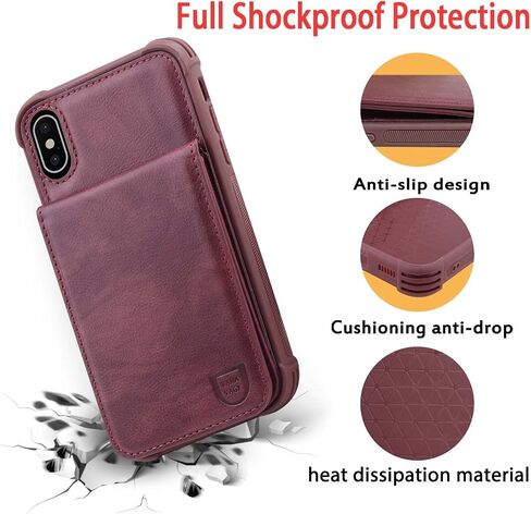 VANAVAGY Compatible for iPhone Xs/iPhone X Wallet Case for Women and Men,Leather Magnetic Clasp Flip Folio Phone Cover with Credit Card Holder and Coin Pocket,Burgundy in Kuwait