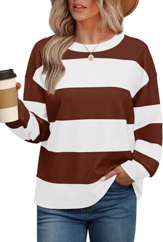 Aokosor Long Sleeve Shirts for Women Crew Neck Sweatshirts Loose Fit Striped Y2K Clothes Hot Pink Green M in Saudi Arabia
