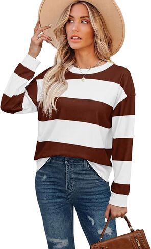 Aokosor Long Sleeve Shirts for Women Crew Neck Sweatshirts Loose Fit Striped Y2K Clothes Hot Pink Green M in Saudi Arabia
