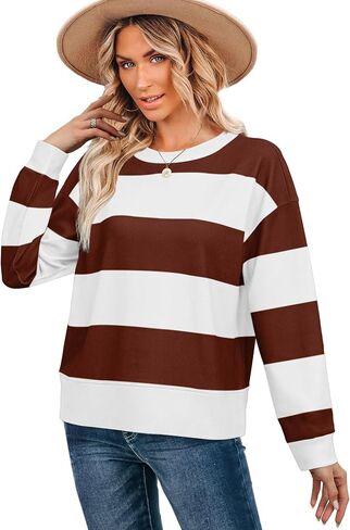 Aokosor Long Sleeve Shirts for Women Crew Neck Sweatshirts Loose Fit Striped Y2K Clothes Hot Pink Green M in Saudi Arabia