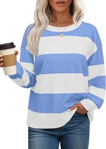 Aokosor Long Sleeve Shirts for Women Crew Neck Sweatshirts Loose Fit Striped Y2K Clothes Hot Pink Green M in Saudi Arabia