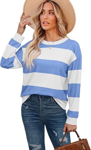 Aokosor Long Sleeve Shirts for Women Crew Neck Sweatshirts Loose Fit Striped Y2K Clothes Hot Pink Green M in Saudi Arabia