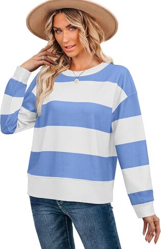 Aokosor Long Sleeve Shirts for Women Crew Neck Sweatshirts Loose Fit Striped Y2K Clothes Hot Pink Green M in Saudi Arabia