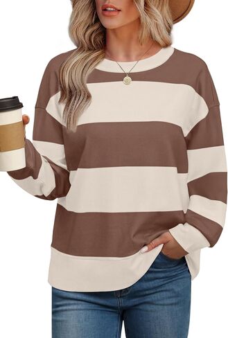 Aokosor Long Sleeve Shirts for Women Crew Neck Sweatshirts Loose Fit Striped Y2K Clothes Hot Pink Green M in Saudi Arabia