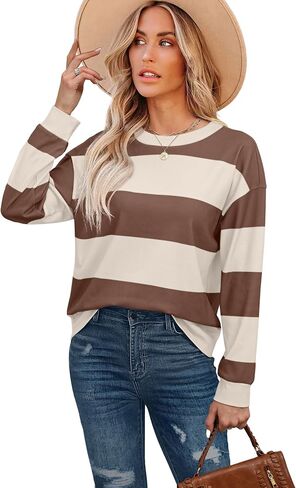 Aokosor Long Sleeve Shirts for Women Crew Neck Sweatshirts Loose Fit Striped Y2K Clothes Hot Pink Green M in Saudi Arabia