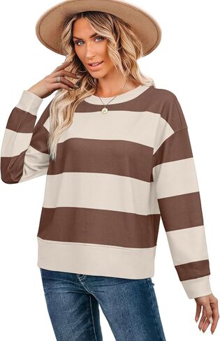 Aokosor Long Sleeve Shirts for Women Crew Neck Sweatshirts Loose Fit Striped Y2K Clothes Hot Pink Green M in Saudi Arabia