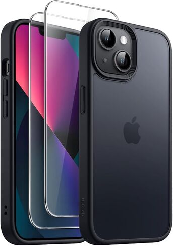JETech 3 in 1 Matte Case for iPhone 13 6.1-Inch with 2-Pack Tempered Glass Screen Protector, Translucent Frosted Shockproof Phone Cover (Black) in Saudi Arabia
