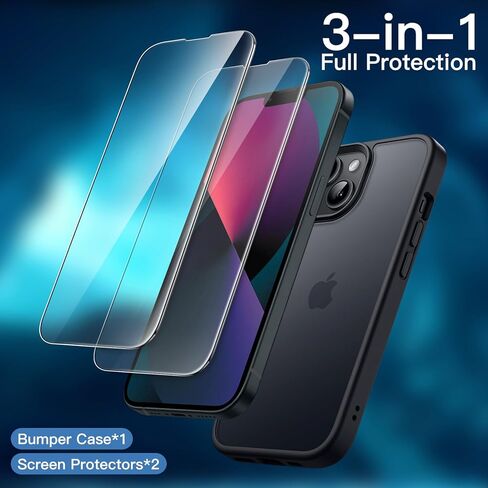 JETech 3 in 1 Matte Case for iPhone 13 6.1-Inch with 2-Pack Tempered Glass Screen Protector, Translucent Frosted Shockproof Phone Cover (Black) in Saudi Arabia