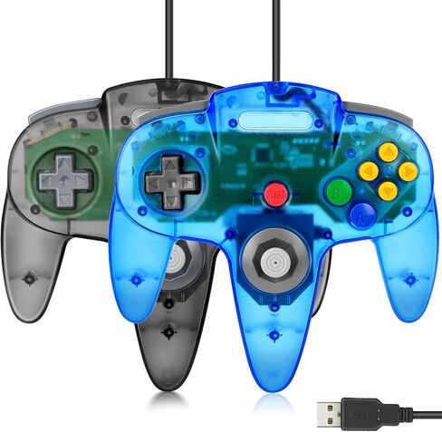 2 Pack FISUPER USB N64 Controller, Wired Video Game Controller USB Gamepad for Windows PC MAC Raspberry PI Retropie (Clear Black +Clear Blue) in Kuwait