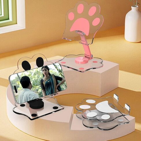 Cat Paw Acrylic Tablet Stand for Desk,Multi-Angle Adjustable Clear Tablet Holde，360° Rotating Mobile Tablet Stand for Desk Home Office, Compatible in Saudi Arabia