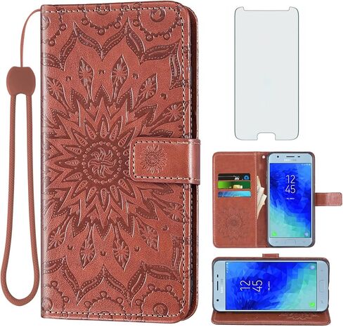 حافظة هاتف لهاتف سامسونج جالاكسي J7 Star J 7 Crown 7J Refine 2018 J7V V 2nd Gen Wallet مع واقي شاشة من الزجاج المقسى وغطاء جلدي قابل للطي وحامل بطاقات وحامل خلية Glaxay Aura S767VL SM J737V بني in Saudi Arabia