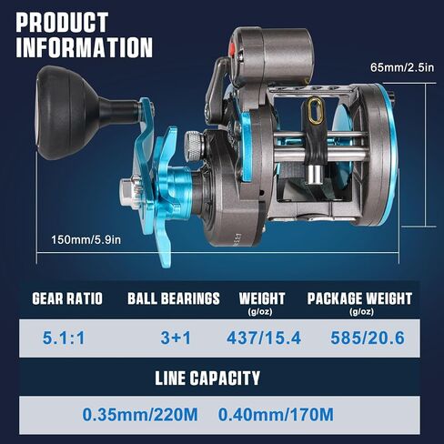 Fishing Reel Round Baitcasting Reel, Smooth Powerful Line Counter Reel, Saltwater Inshore Surf Trolling Reel, Conventional Reel for Catfish, Musky, Bass, Pike- ECTC15L in Kuwait