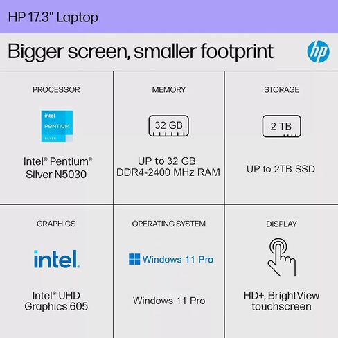 HP 17.3 بوصة 2024 أحدث كمبيوتر محمول بشاشة تعمل باللمس، كمبيوتر محمول للأعمال 17 بوصة، شاشة لمس HD+، Intel Pentium Silver N5030، ذاكرة وصول عشوائي 32 جيجابايت، 1 تيرابايت SSD، Microsoft 365 لمدة عام، رسومات Intel UHD، Windows 11 Pro in Saudi Arabia
